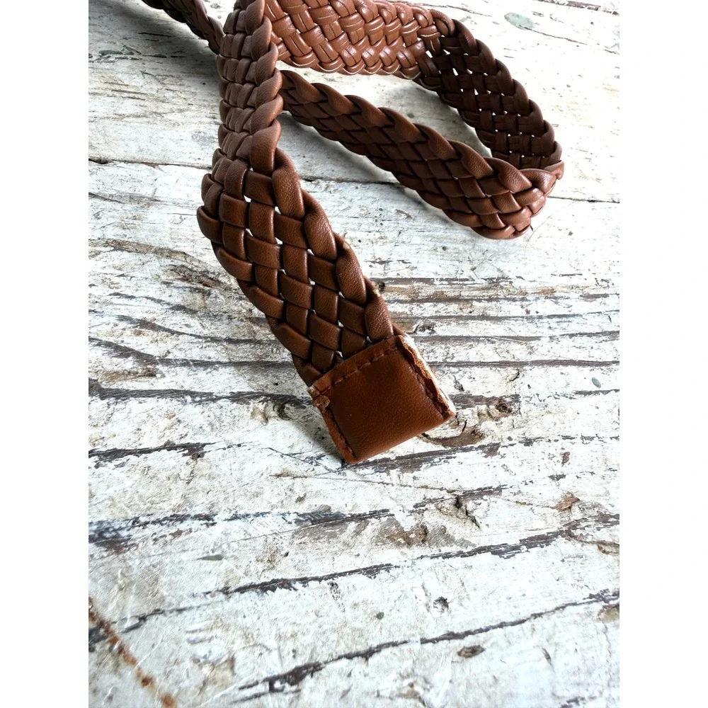Cognac Brown Braided Woven Belt Square Buckle Faux Leather Adjustable - Picture 5 of 7